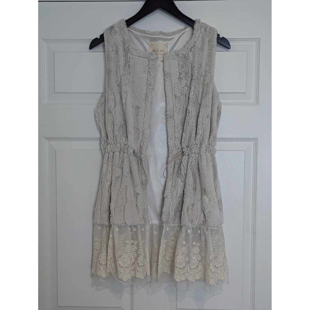 Altar'd State Faux Fur Lace Trim Vest Cream Medium Drawstring Waist Open Front